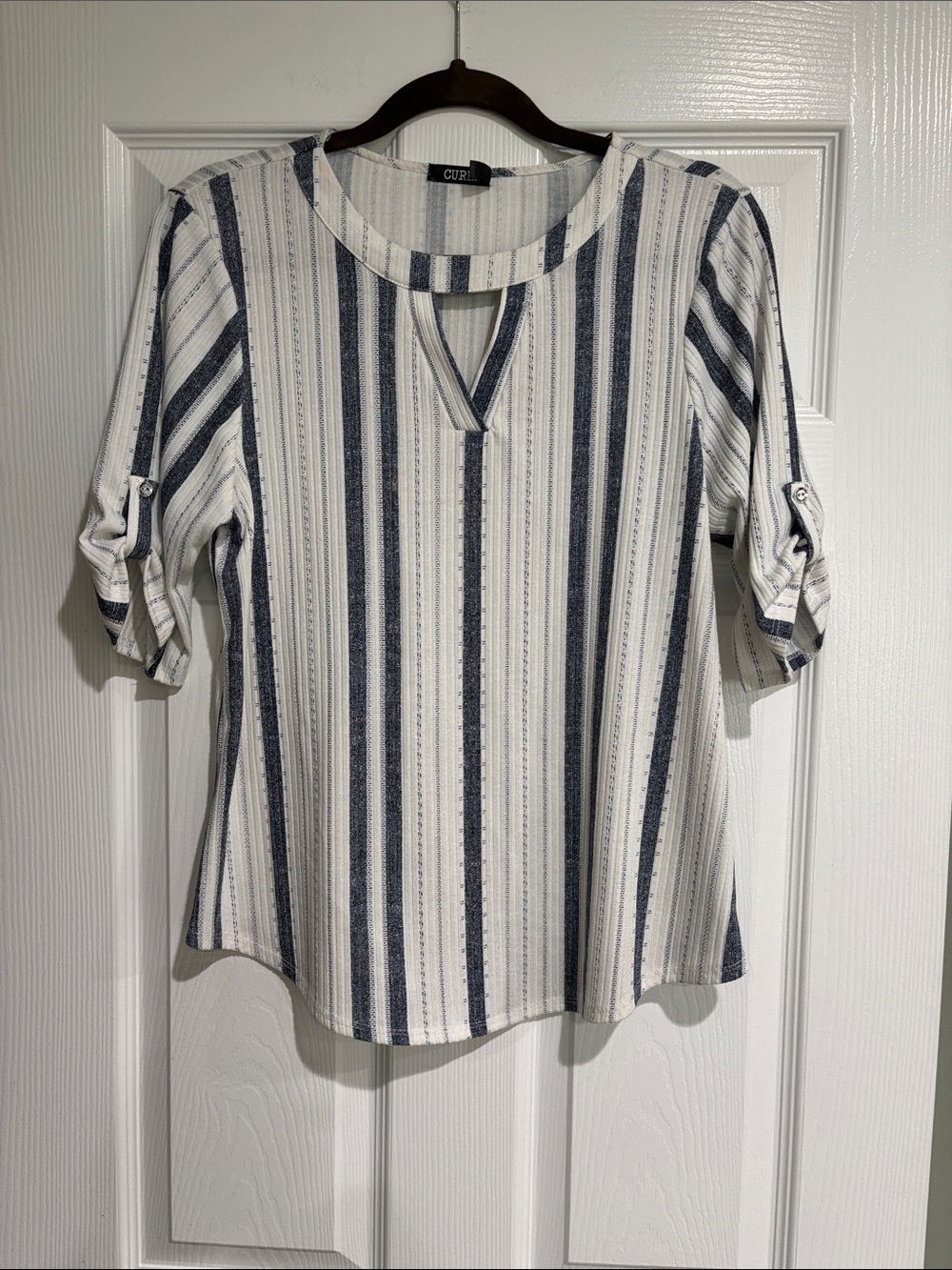3/$20. CURRIE White and Navy Vertical-Stripe Roll-Tab Tunic